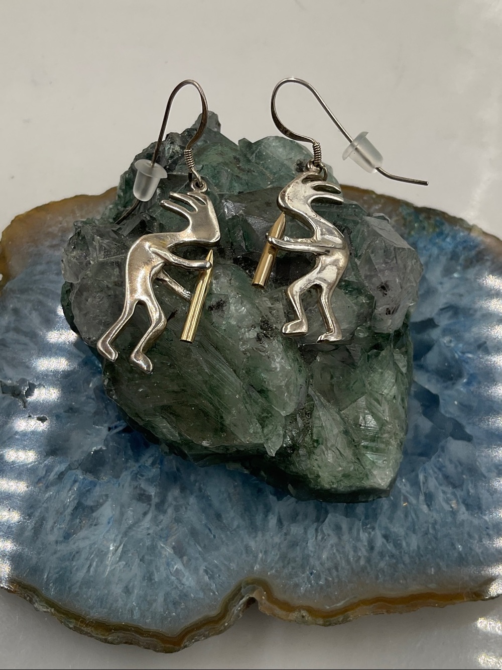 Sterling Silver Kokopelli Dangle Earrings with Gold Accents